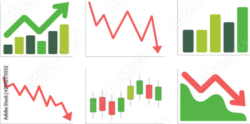 Financial chart illustration showing growth, decline, candlestick, and comparative data for market analysis design