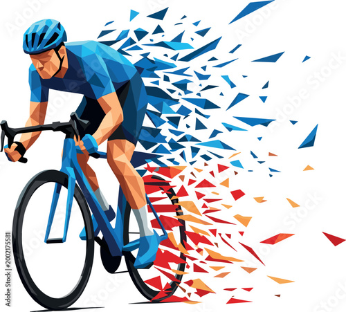 Bild auf Leinwand Dynamic Polygonal Cyclist Athlete in Motion with Colorful Shatter Effect for Spo