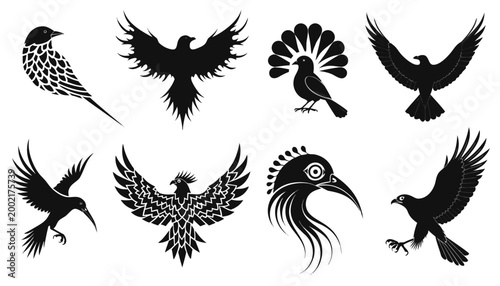 Set of eight diverse bird silhouettes in varied action poses