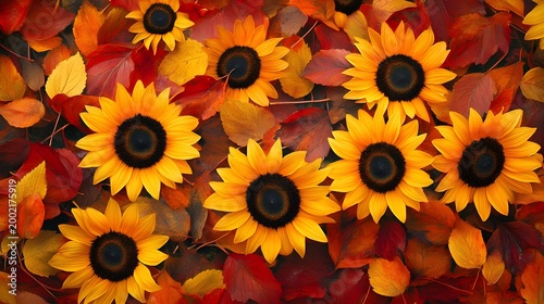 Vibrant Autumn Sunflowers and Leaves in Nature Backdrop