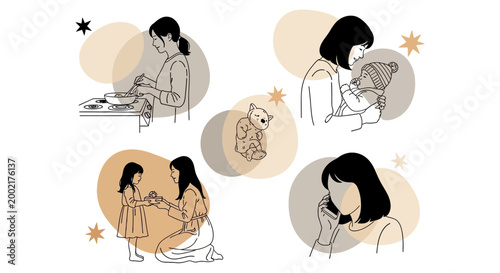 Woman interacts with a teddy bear in various emotional scenes at home with sadness and comfort