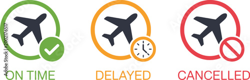 Flight status icons showing on time delayed cancelled status