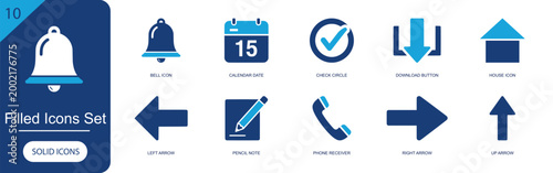 Filled icons set. Containing bell, calendar date, check circle, download button, house, left arrow, pencil note, phone receiver, right arrow, up arrow and more. Solid fill vector icons.