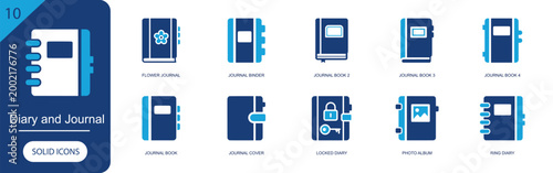 Diary and journal icon set. Containing flower journal, journal binder, journal book, journal cover, locked diary, photo album, ring diary, notebook and more. Solid fill vector icons.