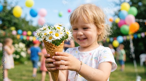 Smiling girl holding waffle cone filled with daisies at outdoor party. Summer celebration concept for kids birthday events and family gatherings