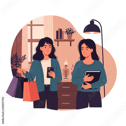 Flat vector illustration of two women in a room; one woman holds shopping bags and a smartphone while the other holds a book, featuring a floor lamp, houseplants, and a dresser.