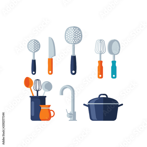 Flat vector icon set of kitchen tools and cookware featuring a cooking pot with lid, water faucet, metal whisks, ladles, skimmers, a knife, and a utensil holder on a plain white background.
