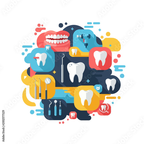 Modern flat vector illustration featuring a collection of dental icons including white teeth, dentures, a dental drill, mirrors, and explorer tools on a colorful abstract background.