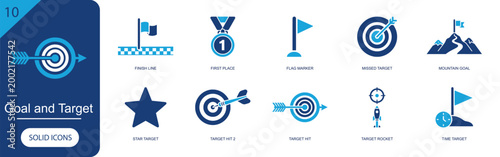 Goal and target icon set. Containing finish line, first place, flag marker, missed target, mountain goal, star, target hit, target rocket, time target and more. Solid fill vector icons.