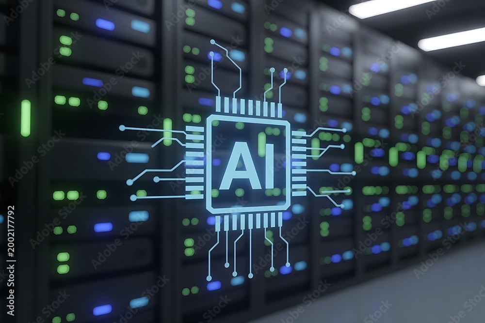 Fototapeta premium artificial intelligence computing. Server racks process AI workloads in high performance facility, managing big data, cloud services and machine learning operations.AI computing, hosting. Data center