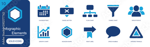 Infographic elements icon set. Containing calendar, cancel button, flow chart, funnel chart, group people, growth chart, hexagon, right label, bubble and more. Solid fill vector icons.