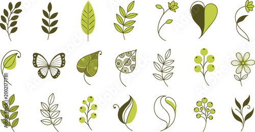 Leaf, Flower, and Butterfly Vector Set Featuring Organic Designs, Green and Yellow Floral Elements for Digital Design.