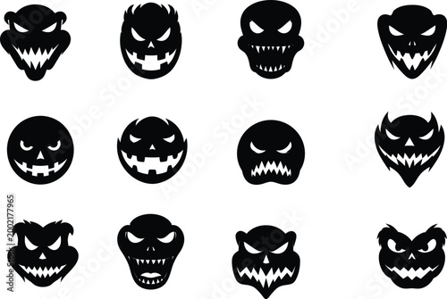 Menacing Eyes: Angled, sharp, or glowing white shapes that convey anger or mischief.

Jagged Teeth: Most faces feature sharp, saw-like teeth or wide, toothy grins.

Diverse Head Shapes: Designs range 