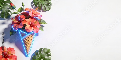 Hibiscus flowers arranged in waffle cone with neon blue glow. Tropical floral composition inspired by ice cream. Vibrant summer decoration concept for graphic design and invitations. banner format