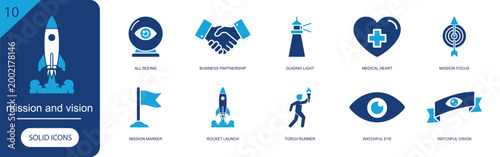 Mission and vision icon set. Containing all seeing, business partnership, guiding light, medical heart, mission focus, mission marker, rocket, torch and more. Solid fill vector icons.