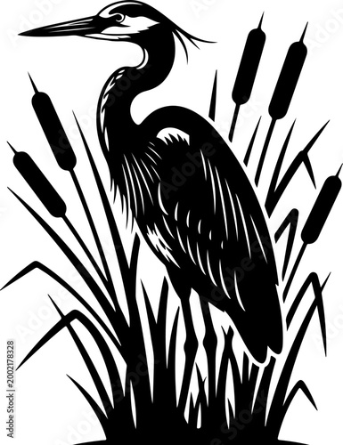 Elegant heron standing gracefully among cattails Vector Art
