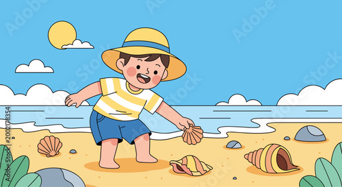 Cute kid collecting seashells on beach summer flat vector illustration