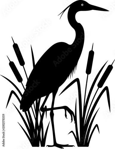 Elegant heron standing gracefully among cattails Vector Art