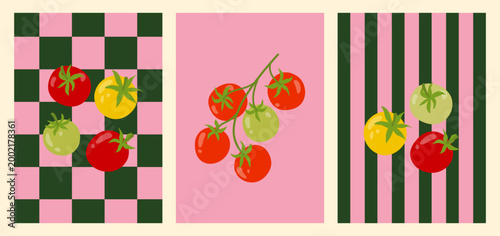 Tomato posters set. Red, yellow, green tomatoes on branch and separate fruits on checker and striped background. Culinary composition for cards and kitchen decor. Flat vector illustration.