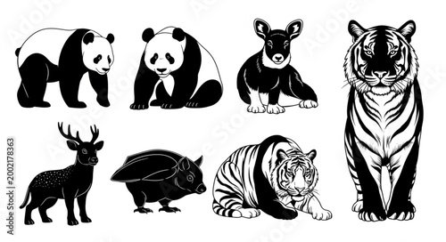Canvas Print Collection of Diverse Wild Animals in Silhouette and Sketch Style