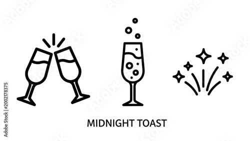 New year's eve midnight toast icons with fireworks party icons champagne icons drink icons glasses icons bubbles icons clinking icons cheers icons festivity icons event icons occasion icons