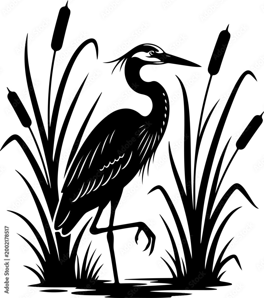 Naklejka premium Elegant heron standing gracefully among cattails Vector Art