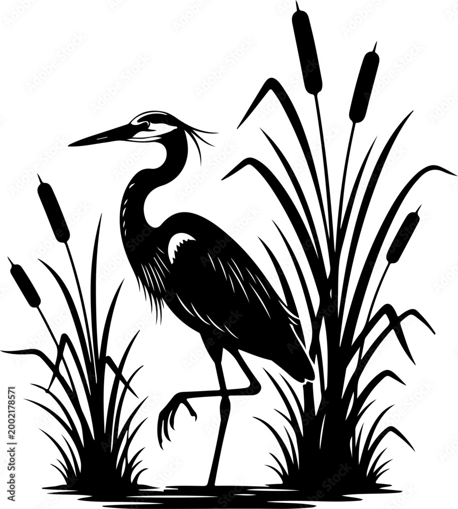 Fototapeta premium Elegant heron standing gracefully among cattails Vector Art