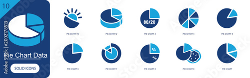 Pie chart data icon set. Containing pie chart segments, percentage, statistics, data analysis, business, finance, infographic, dashboard, report, graph and more. Solid fill vector icons.