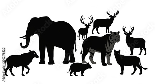 Collection of Diverse Animal Silhouettes on White Background.