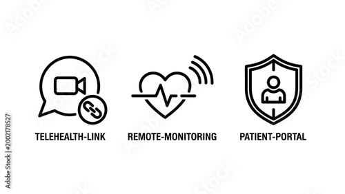 Icons illustrating telehealth remote patient monitoring a patient portal with video call monitoring device health record personal health vital signs support system user interface online service
