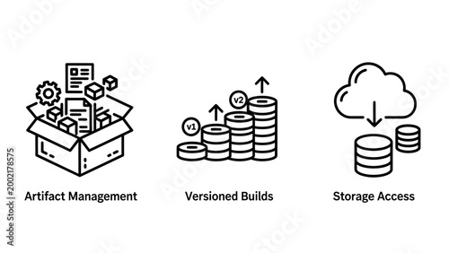 Artifact management versioned builds storage access icons with line art documents database management versioning software development technology computer information architecture repository