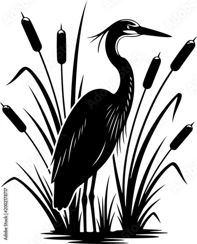 Elegant heron standing gracefully among cattails Vector Art