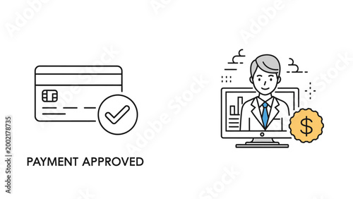 Payment approved icon and online business meeting icon with dollar coin e commerce payment gateway approved credit card checkmark business computer transaction confirmation communication