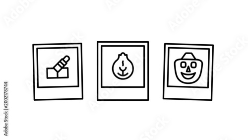 Three polaroid photos with icons: cannon leaf jack-o'-lantern polaroid halloween collection graphics illustrations celebration decoration creative snapshot different subjects childhood