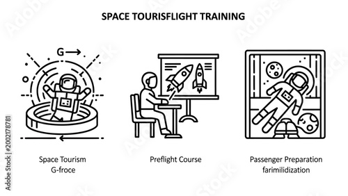 Space tourism and astronaut training icons: g-force simulator pre-flight course zero gravity with g force outer space future travel astronaut training simulator technology exploration learning
