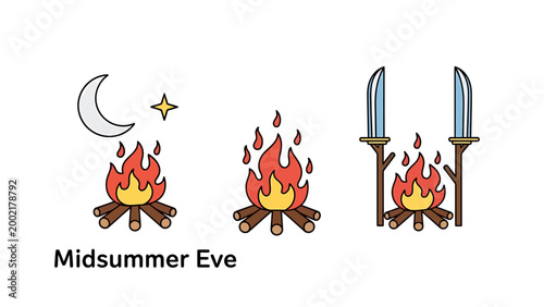 Midsummer eve bonfire and celebration symbols with primitive art celebration tradition solstice symbolism gathering festivity ceremony illustration primitive