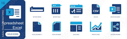 Spreadsheet excel icon set. Containing battery meter, battery pack, check list, csv file, delete document, excel document, excel menu, growth, network and more. Solid fill vector icons.