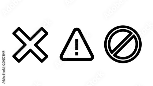 Error warning forbidden icons set: cross mark exclamation triangle no entry circle symbol with line art forbidden triangle interface security attention prohibited restricted incorrect