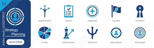 Strategy planning icon set. Containing business strategy, check list, compass rose, flag target, key strategy, pie chart, strategic growth, target audience and more. Solid fill vector icons.