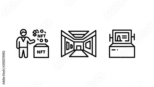 Modern business concepts set including nft trading gallery and digital analytics workspace with business analytics workspace blockchain technology investment computer environment professional