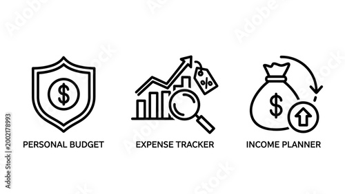 Finance management icon set featuring personal budget shield and income planner tools accounting planning business financial economics investment analysis security management currency