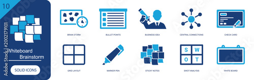 Whiteboard brainstorm icon set. Containing brain storm, bullet points, business idea, central connections, check card, grid layout, marker pen, sticky and more. Solid fill vector icons.
