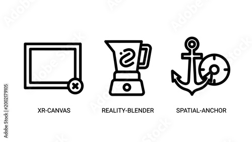 Icon set featuring xr canvas frame reality blender tool spatial anchor symbol technology augmented simulation interface development software navigation coordinate position projection