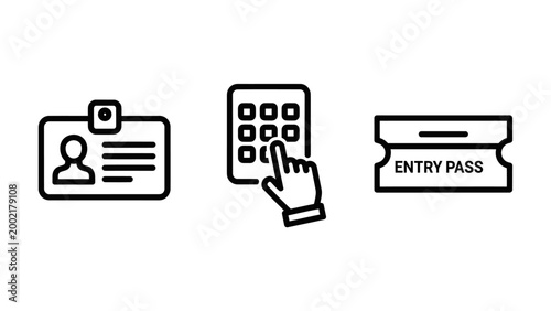 Set of security and access icons featuring identification badge digital keypad entry event pass password security identification verification authentication permission credential monochrome