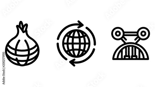 Icon set for network and connectivity featuring globe rotation circular data flow mechanical mechanism rotation connection mechanism mechanical technology internet communication infrastructure