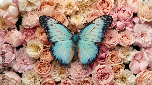 Blue butterfly resting on a bed of pink and cream roses, surrounded by various floral blooms, creating a vibrant and colorful floral arrangement