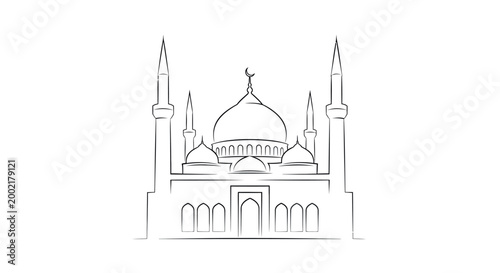 mosque line drawing with domes and minarets
