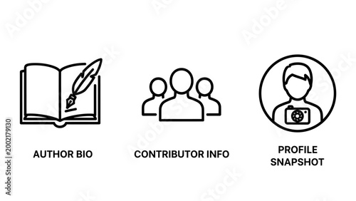 Author biography and contributor profile snapshot icons with biography contributor snapshot identity information photography document professional minimalist illustration character