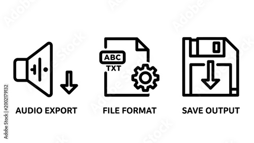 Data management icons for audio export and file formatting with document settings software computer management technology configuration download conversion interface transfer minimalist