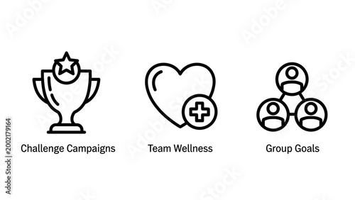 Challenge campaigns team wellness group goals line icons set for corporate motivation and collaboration with well being challenge campaign wellness objective corporate business motivation